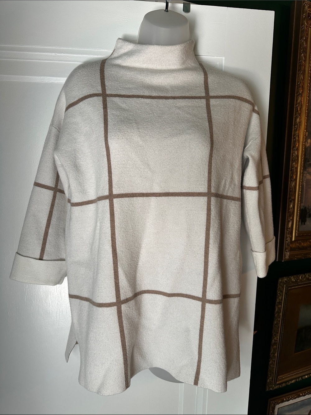 Christian Siriano Cream Sweater with Brown Windowpane Check